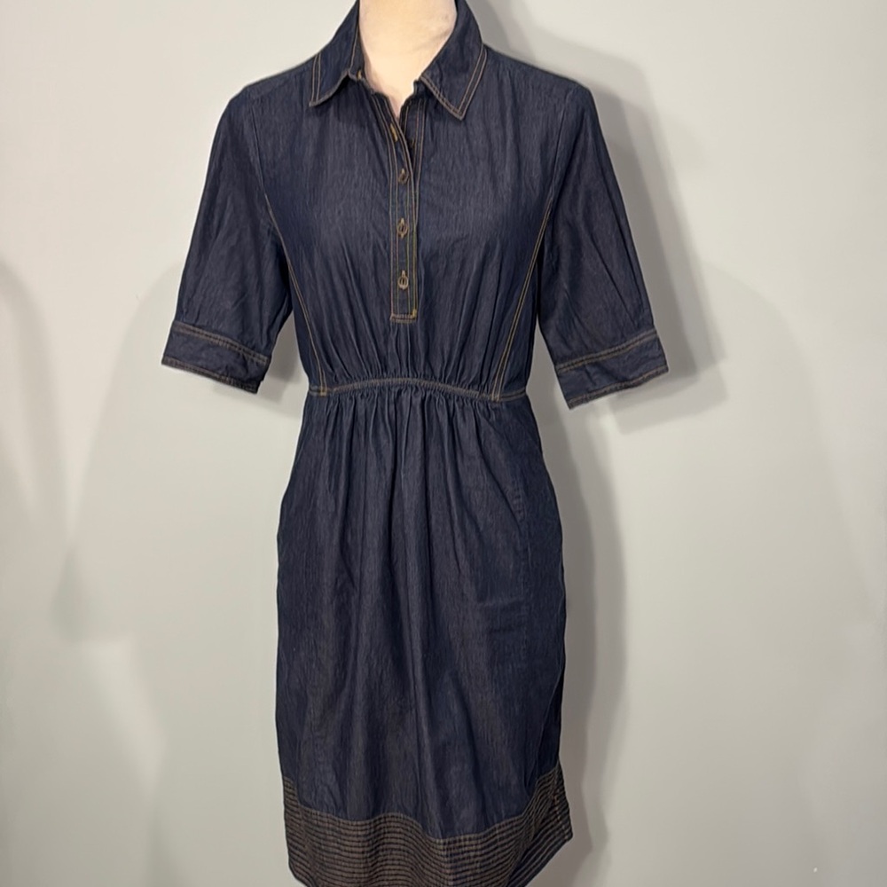 eShakti Blue Polo Collar Cuffed Sleeve Midi Dress Size 6- FLAW